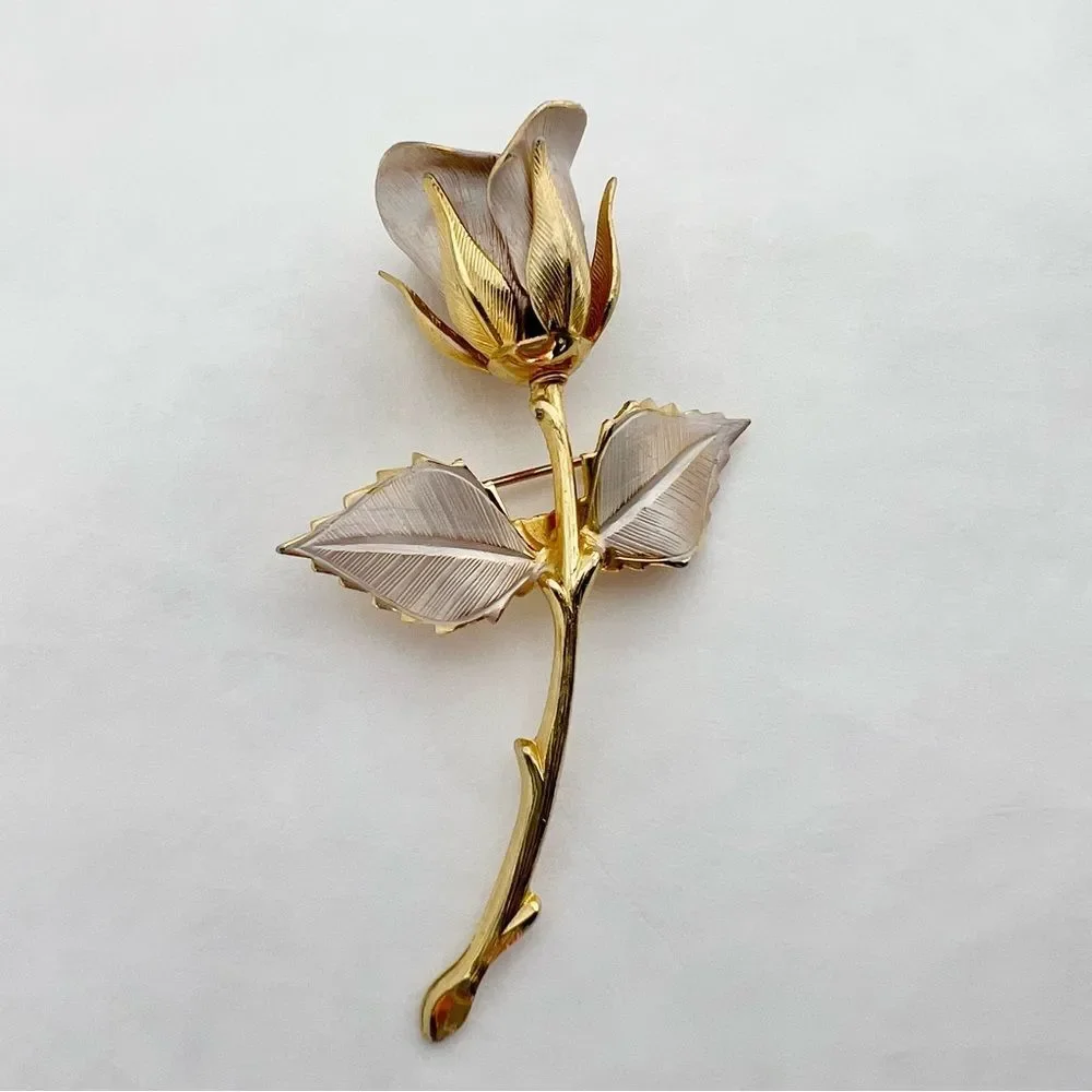Vintage Two Tone Silver Gold Tone Rose Brooch